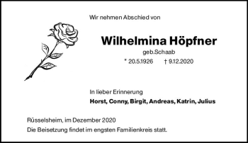 Traueranzeige von Wilhelmina Höpfner von vrm-trauer