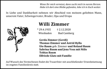 Traueranzeige von Willi Zimmer von vrm-trauer