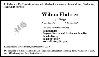 Traueranzeige von Wilma Fluhrer von vrm-trauer