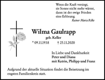 Traueranzeige von Wilma Gaulrapp von vrm-trauer