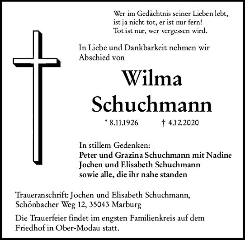  Traueranzeige für Wilma Schuchmann vom 12.12.2020 aus vrm-trauer