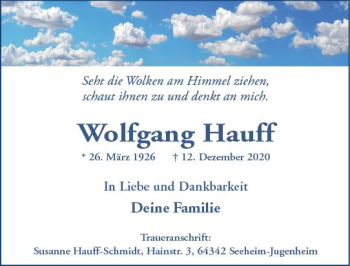 Traueranzeige von Wolfgang Hauff von vrm-trauer