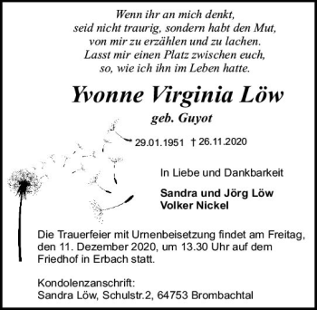 Traueranzeige von Yvonne Virginia Löw von vrm-trauer