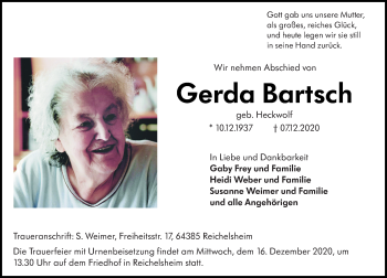 Traueranzeige von Gerda Bartsch von VRM Tageszeitungen