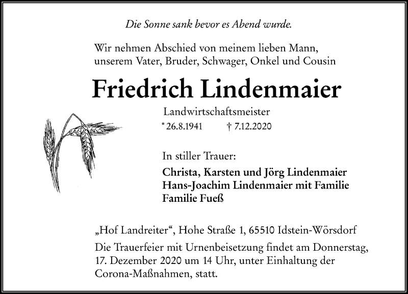  Traueranzeige für Friedrich Lindenmaier vom 12.12.2020 aus 