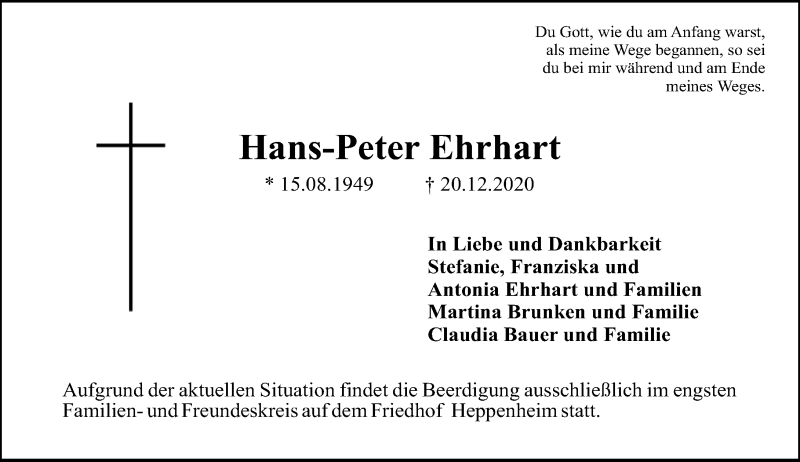  Traueranzeige für Hans-Peter Ehrhart vom 23.12.2020 aus VRM Tageszeitungen