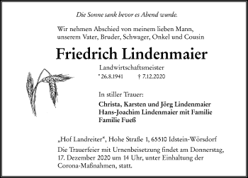 Traueranzeige von Friedrich Lindenmaier 
