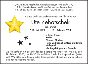 Traueranzeige von Ute Zehatschek 