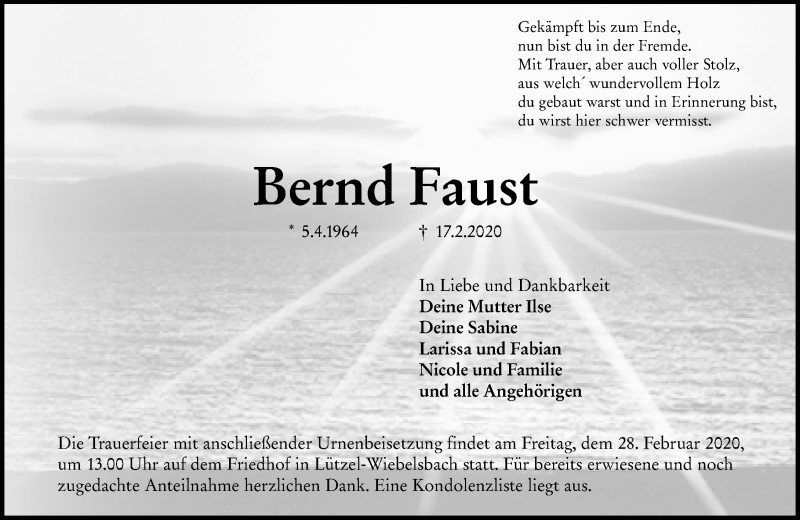  Traueranzeige für Bernd Faust vom 22.02.2020 aus VRM-Trauer