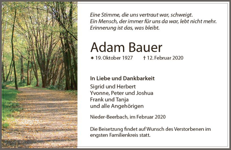  Traueranzeige für Adam Bauer vom 22.02.2020 aus vrm-trauer