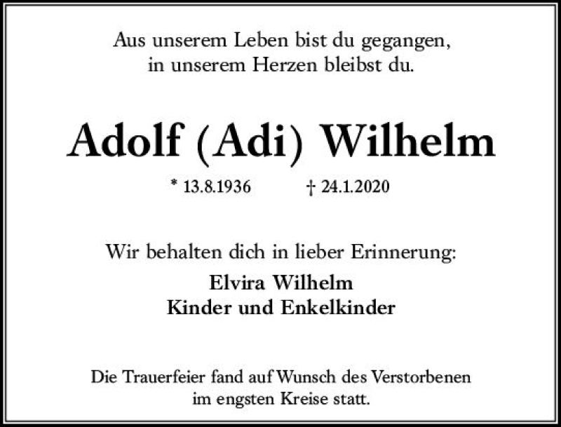  Traueranzeige für Adolf Wilhelm vom 15.02.2020 aus vrm-trauer