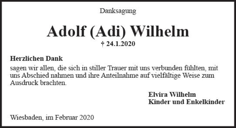  Traueranzeige für Adolf Wilhelm vom 29.02.2020 aus vrm-trauer