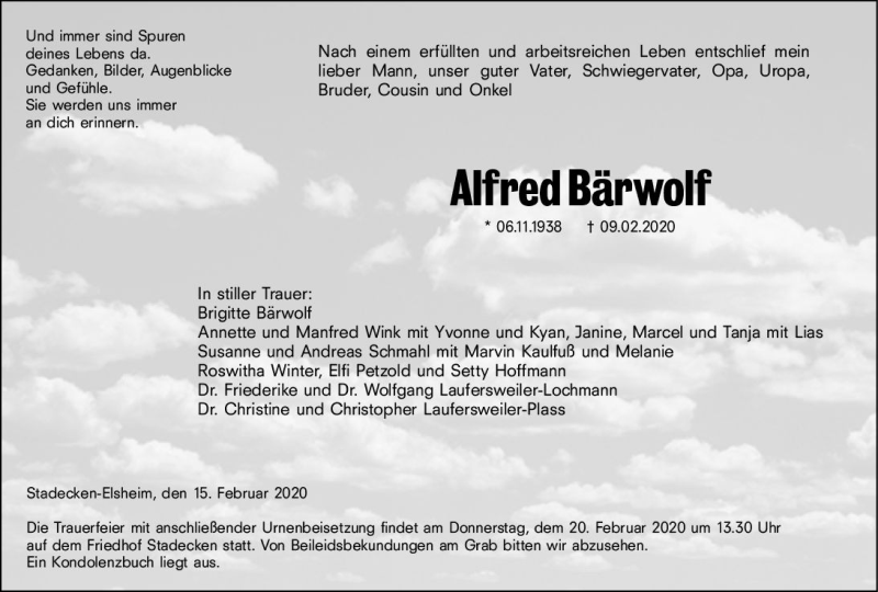  Traueranzeige für Alfred Bärwolf vom 15.02.2020 aus vrm-trauer