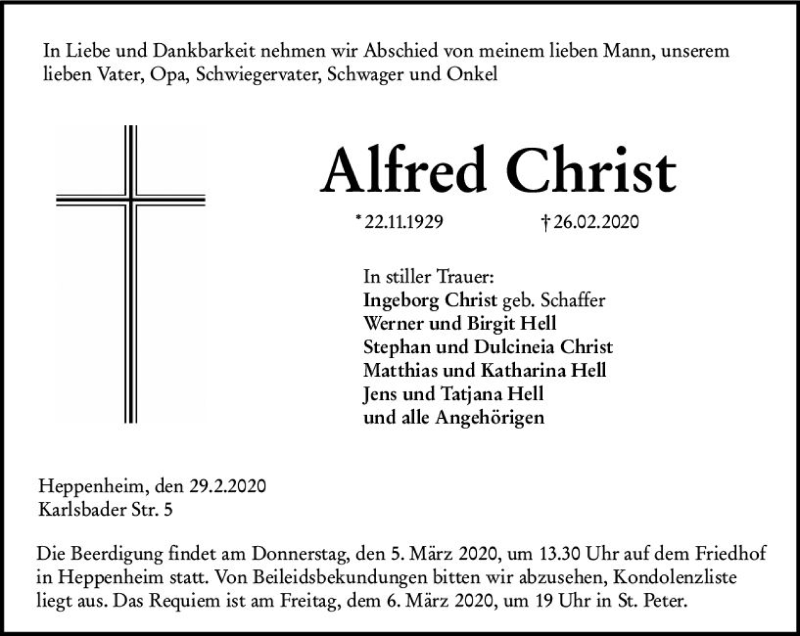  Traueranzeige für Alfred Christ vom 29.02.2020 aus vrm-trauer