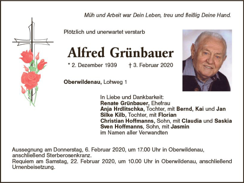  Traueranzeige für Alfred Grünbauer vom 08.02.2020 aus vrm-trauer