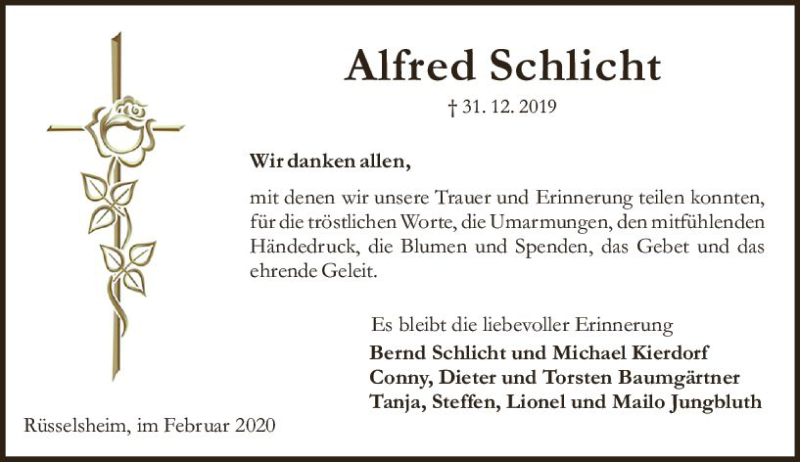  Traueranzeige für Alfred Schlicht vom 08.02.2020 aus vrm-trauer