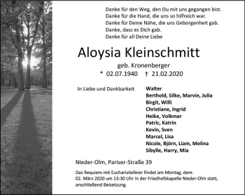 Traueranzeige von Aloysia Kleinschmitt von vrm-trauer