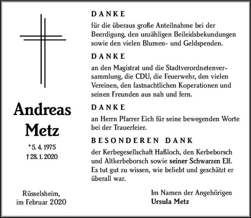  Traueranzeige für Andreas Metz vom 29.02.2020 aus vrm-trauer