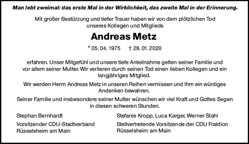  Traueranzeige für Andreas Metz vom 05.02.2020 aus vrm-trauer