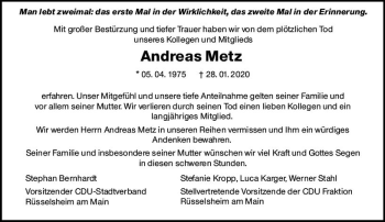 Traueranzeige von Andreas Metz von vrm-trauer