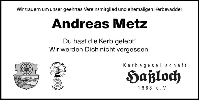  Traueranzeige für Andreas Metz vom 08.02.2020 aus vrm-trauer