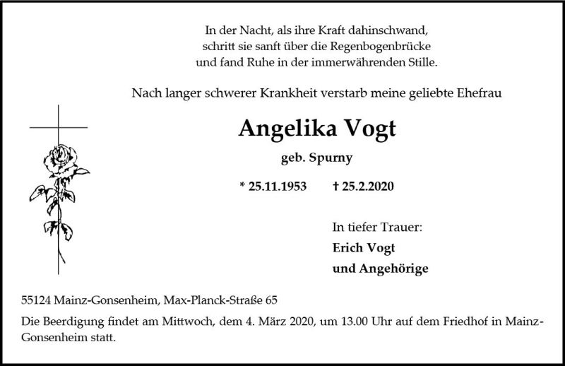  Traueranzeige für Angelika Vogt vom 29.02.2020 aus vrm-trauer