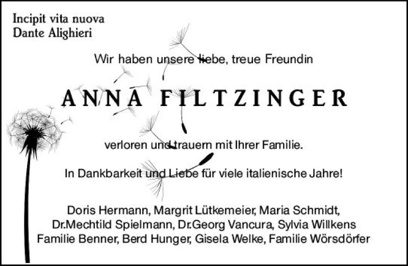  Traueranzeige für Anna Filtzinger vom 15.02.2020 aus vrm-trauer