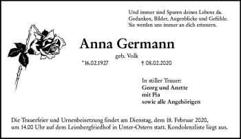 Traueranzeige von Anna Germann von vrm-trauer