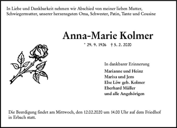 Traueranzeige von Anna-Marie Kolmer von vrm-trauer