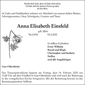 Traueranzeige von Anna Elisabeth Einsfeld von vrm-trauer