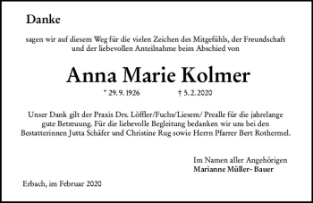 Traueranzeige von Anna Marie Kolmer von vrm-trauer