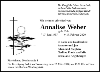 Traueranzeige von Annalise Weber von vrm-trauer