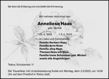 Traueranzeige von Anneliese Haas von vrm-trauer