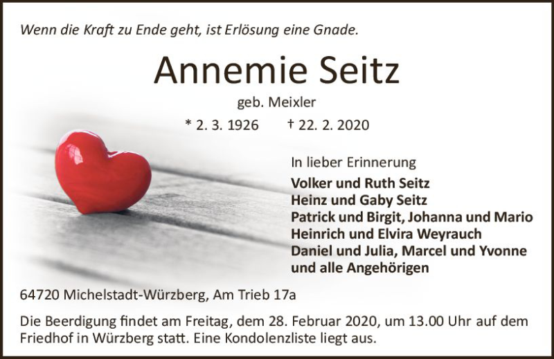  Traueranzeige für Annemie Seitz vom 26.02.2020 aus vrm-trauer