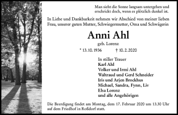 Traueranzeige von Anni Ahl von vrm-trauer