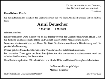 Traueranzeige von Anni Beuscher von vrm-trauer