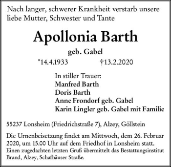 Traueranzeige von Apollonia Barth von vrm-trauer
