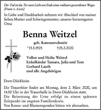 Traueranzeige von Benna Weitzel von vrm-trauer
