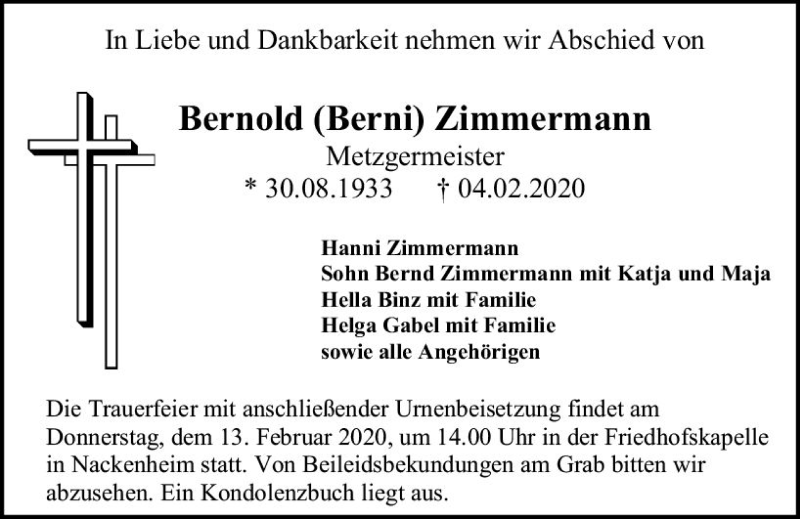  Traueranzeige für Bernold  Zimmermann vom 10.02.2020 aus vrm-trauer