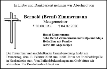 Traueranzeige von Bernold  Zimmermann von vrm-trauer