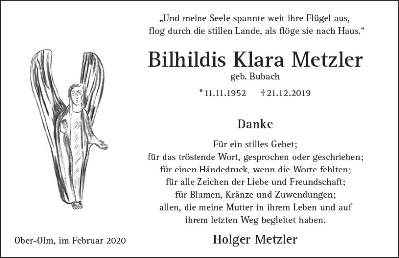  Traueranzeige für Bilhildis Klara Metzler vom 22.02.2020 aus vrm-trauer