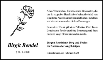Traueranzeige von Birgit Rendel von vrm-trauer