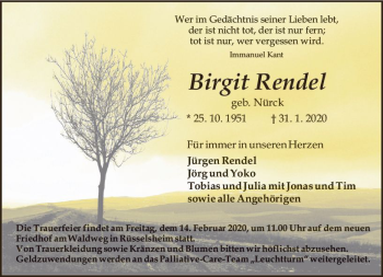 Traueranzeige von Birgit Rendel von vrm-trauer