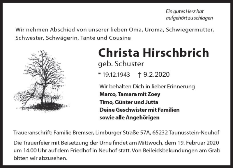  Traueranzeige für Christa Hirschbrich vom 15.02.2020 aus vrm-trauer