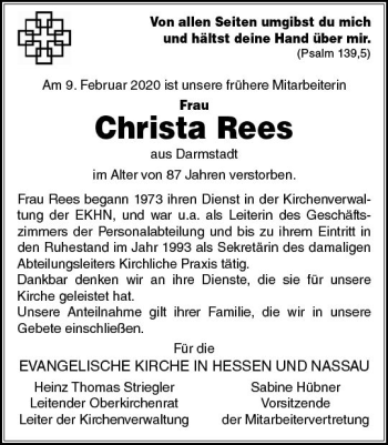 Traueranzeige von Christa Rees von vrm-trauer