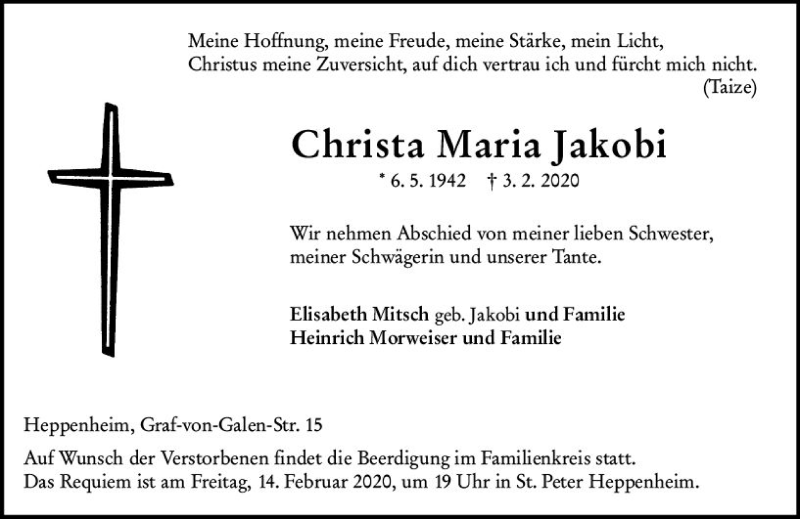  Traueranzeige für Christa Maria Jakobi vom 08.02.2020 aus vrm-trauer