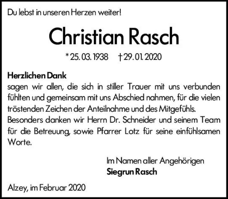  Traueranzeige für Christian Rasch vom 29.02.2020 aus vrm-trauer
