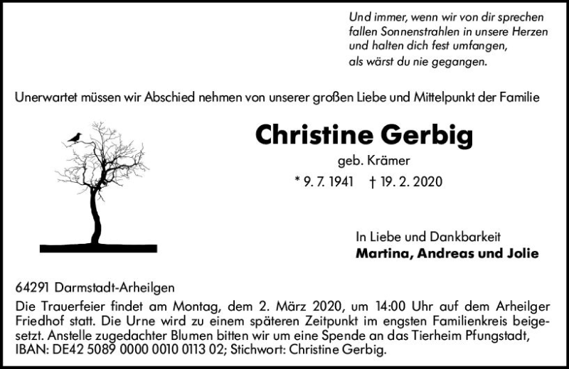  Traueranzeige für Christine Gerbig vom 29.02.2020 aus vrm-trauer