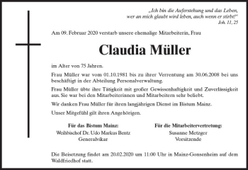 Traueranzeige von Claudia Müller von vrm-trauer