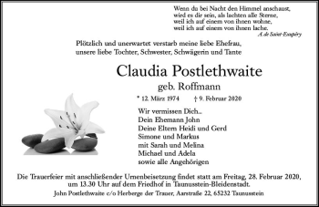 Traueranzeige von Claudia Postlethwaite von vrm-trauer